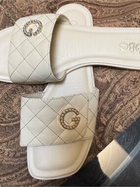 Guess Cream Quilted Pearl-Embellished Slide Sandals